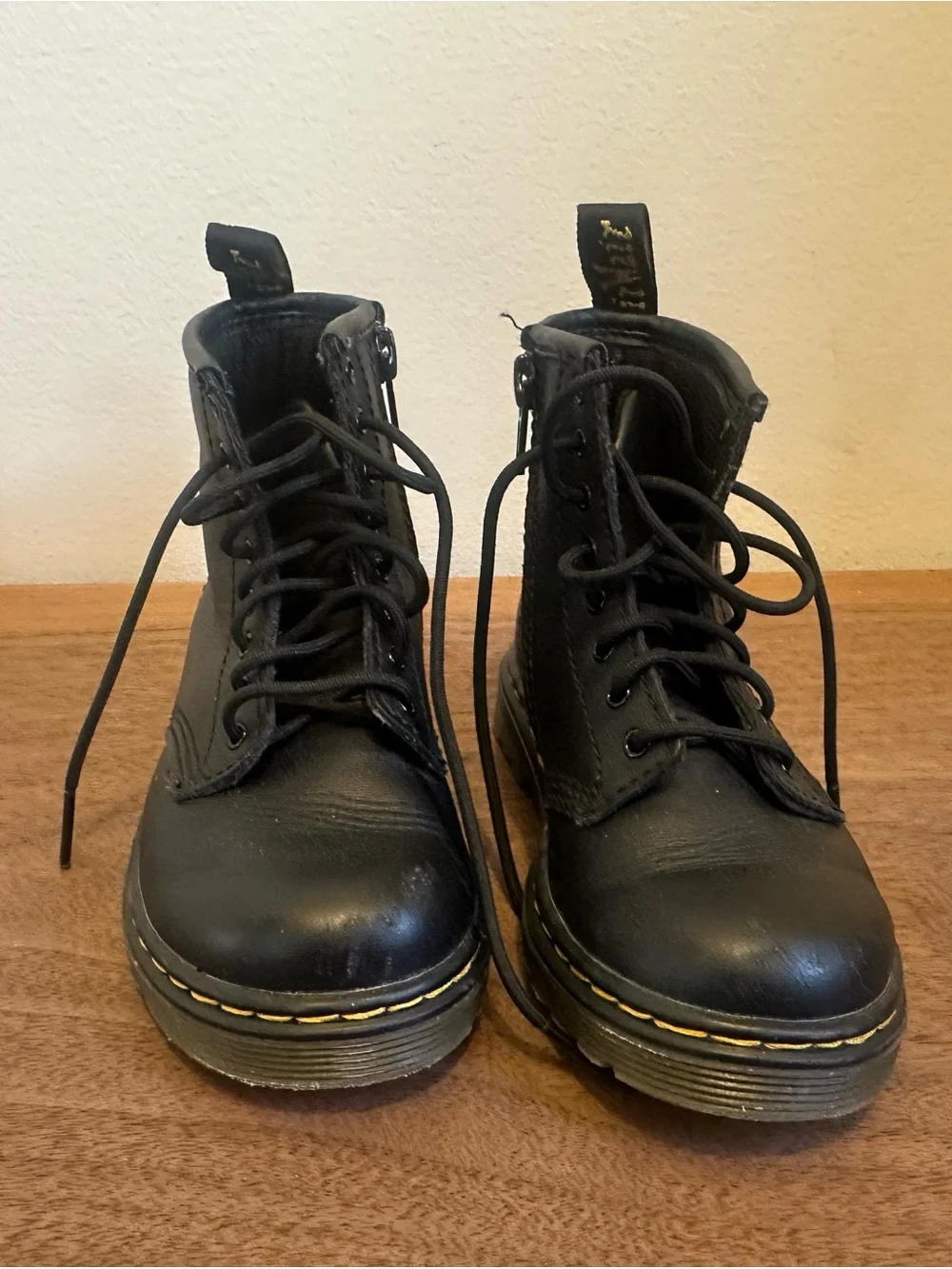 Dr. Martens Kids Black Leather Lace-Up Boots with Yellow Stitching